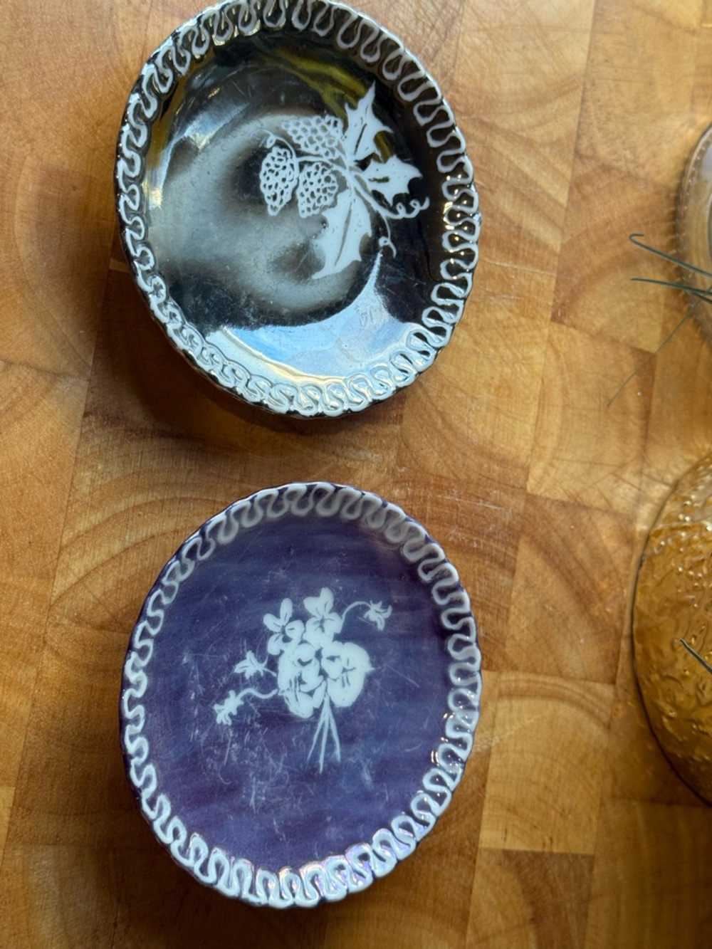 Vintage hand painted mini plates set Purple luster floral trinket dish